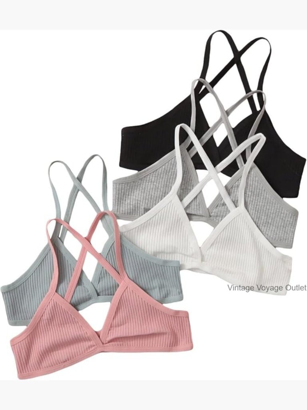 5 Piece Criss Cross Wireless Bralette Set Ribbed Knit Pull On Yoga Lounge